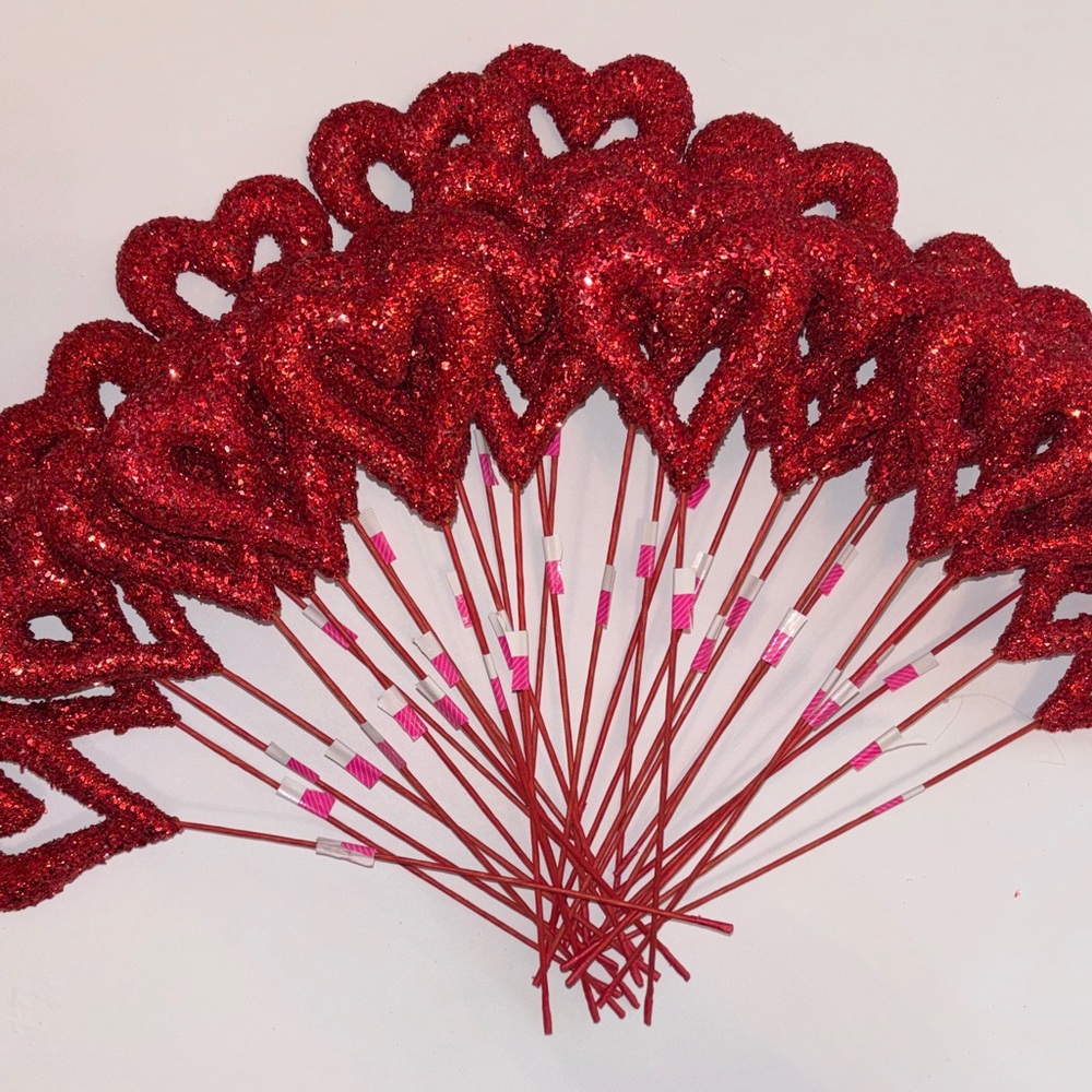 Red Heart Pics Red Glitter Floral Picks Set of 32 NWT Glitter Hearts Pics